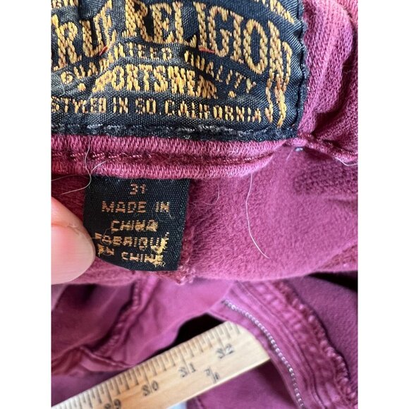 True Religion SportsWear Mens Denim Joggers 31x29 Dark Red Drawstring + Zip - Picture 7 of 10